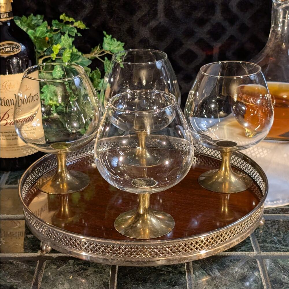 4 Rare Vintage Whiskey Brandy Snifter Drinking Glass Goblets w/ Solid Brass Base
